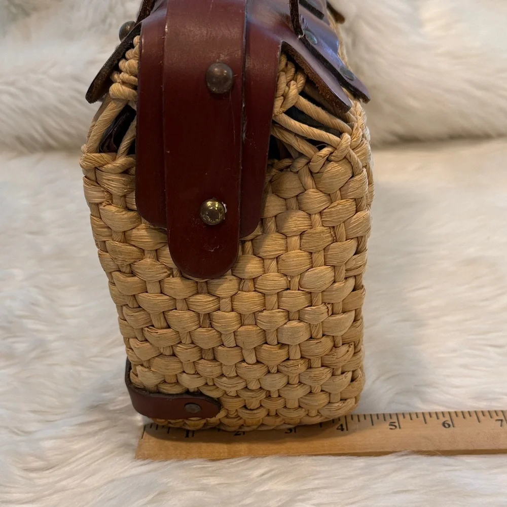 Vintage Straw Basket Handbag Leather Top Handle Metal Detail Cottagecor